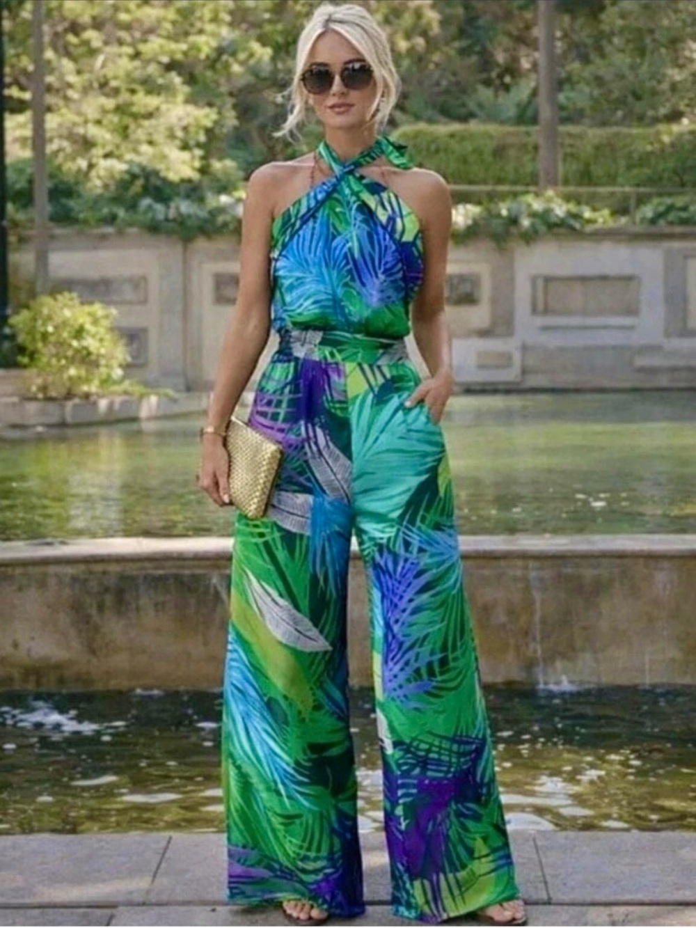 New ZARA Green Tropical Halter Wide-Leg Jumpsuit